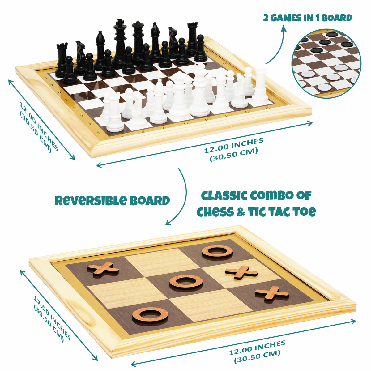 3-IN-1 WOODEN CHESS, CHECKERS & TIC TAC TOE
