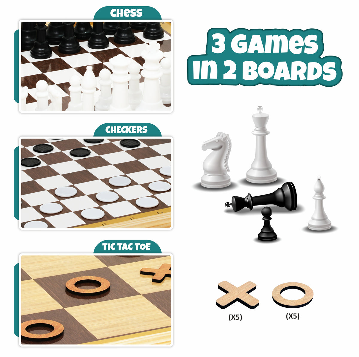 3-IN-1 WOODEN CHESS, CHECKERS & TIC TAC TOE