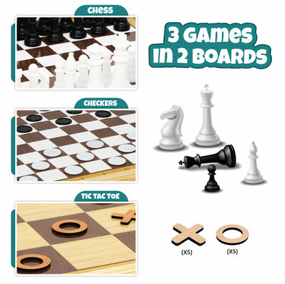 3-IN-1 WOODEN CHESS, CHECKERS & TIC TAC TOE