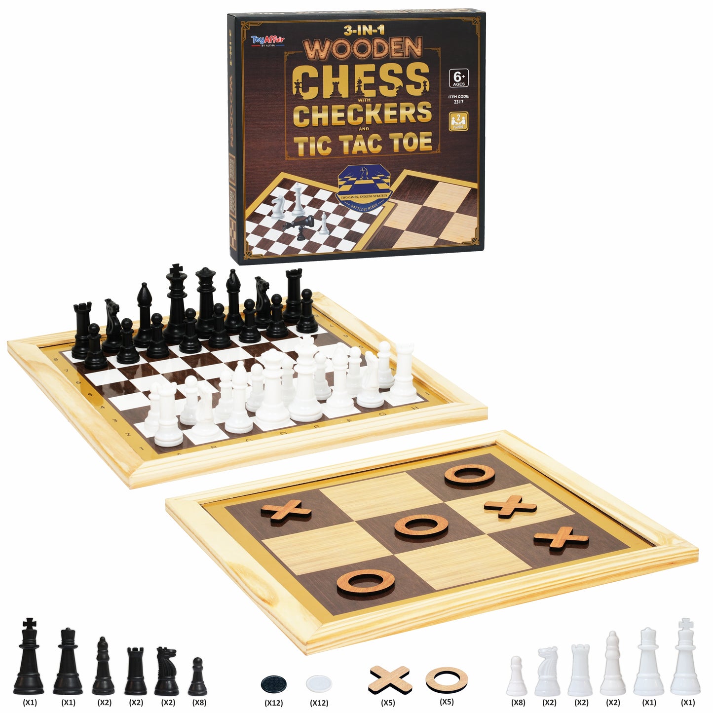 3-IN-1 WOODEN CHESS, CHECKERS & TIC TAC TOE